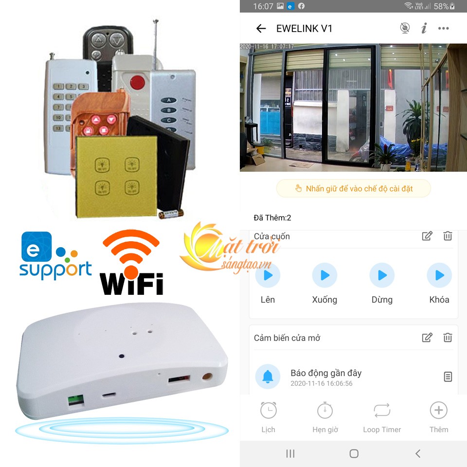 Trung tâm điều khiển cửa cuốn bằng điện thoại qua wifi, 3G, 4G Ewelink V1