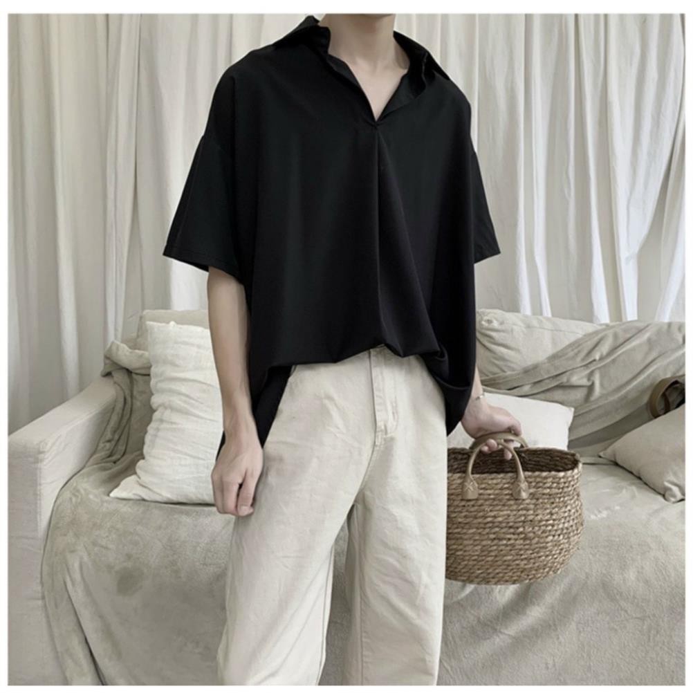 Áo sơ mi unisex Cổ CHUI kiểu chồng đầu Basic tay ngắn form rộng Style Hàn Quốc Unisex (Trắng/Đen)  ྇