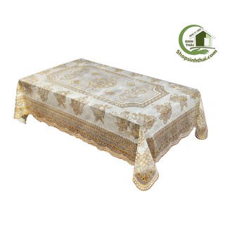 Tấm khăn trải bàn chữ nhật lớn 150cm x 225cm - ren hoa vàng bằng nhựa họa tiết nổi không thấm nước -hoa văn ngẫu nhiên
