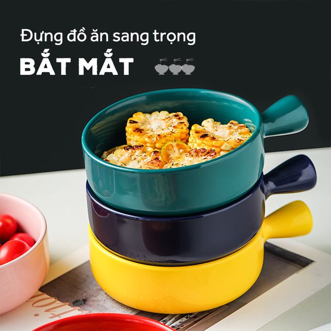 Bát sứ có tay cầm phong cách Hàn Quốc, Thố sứ cao cấp chịu nhiệt dùng trong lò nướng, lò vi sóng