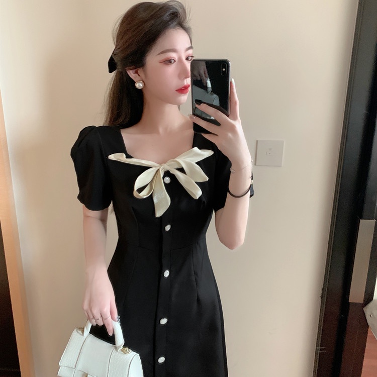 Đầm Dáng Dài Ôm Eo Đính Nơ Xinh Xắn Thời Trang Hàn Quốc Cho Nữ