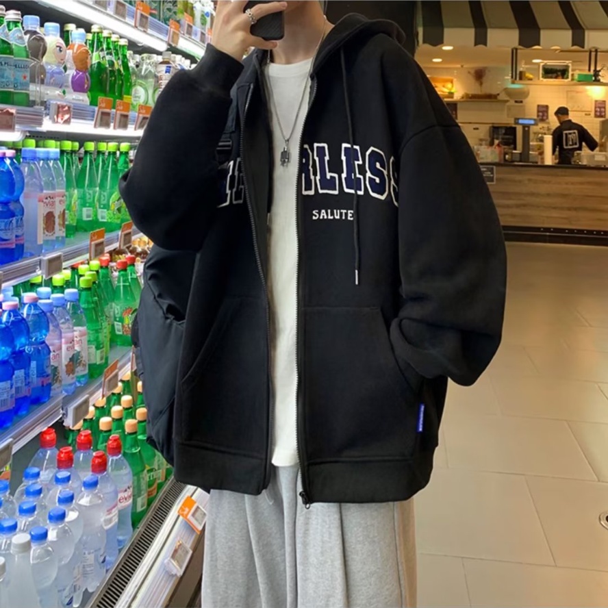 Áo Khoác Cardigan Có Mũ Trùm Dáng Rộng Phối Khóa Kéo Đơn Giản áo khoác hoodie Phong Cách Retro Hàn Quốc Thời Trang áo hoodie dây kéo Nam Nữ