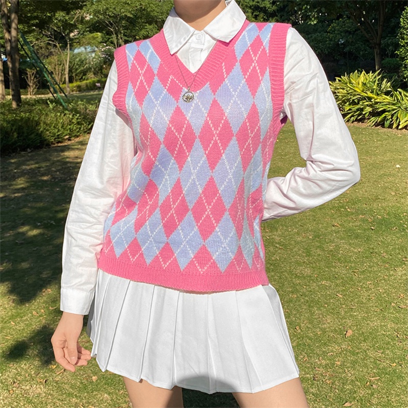 Xiangbao Áo Sweater Dệt Kim Không Tay Cổ Chữ V Kẻ Sọc Caro Phong Cách Preppy Vintage Mùa Thu Cho Nữ Sinh Trường Học