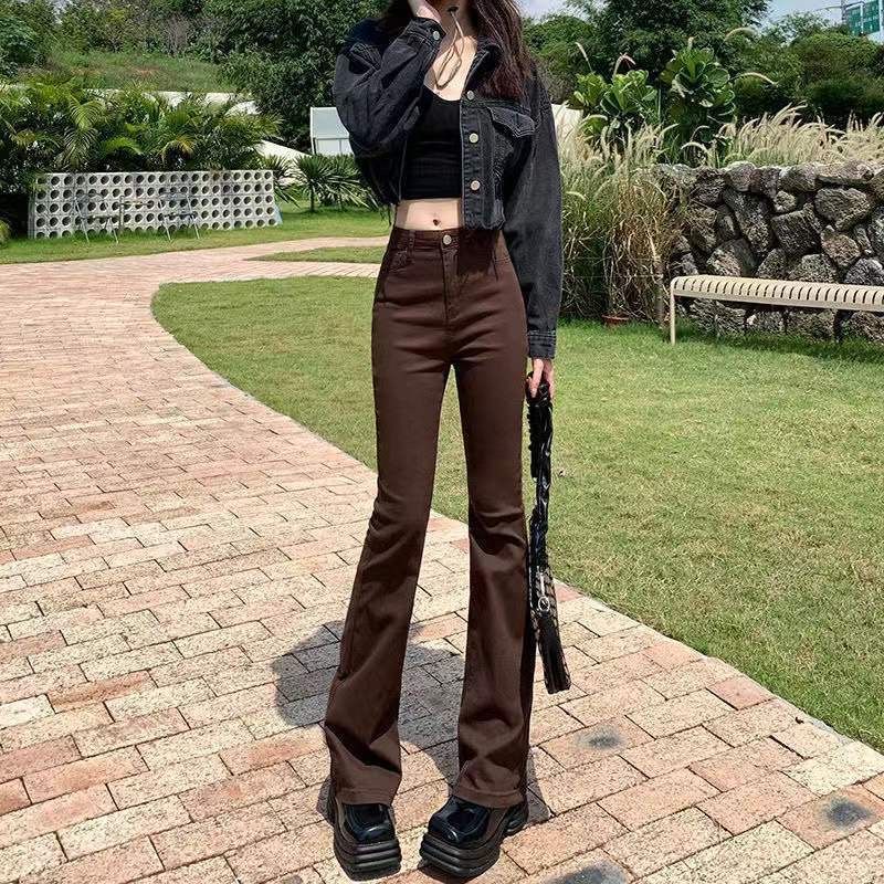 Jiashucheng Quần Jean Nữ Ống Loe Lưng Cao Màu Nâu Phong Cách Mới Mùa Xuân Hè