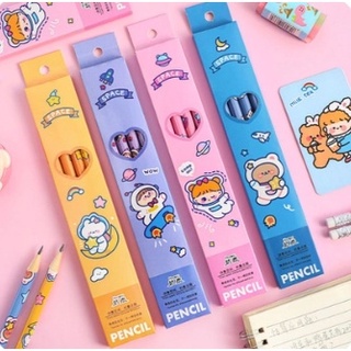 Hộp bút chì gỗ hoạt hình hb 4 chiếc - set 4 bút chì siêu cute nhiều màu sắc dễ thương