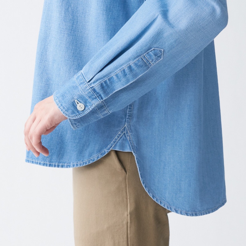 Muji Áo Sơ Mi Denim Cotton Ấn Độ Cổ Trụ