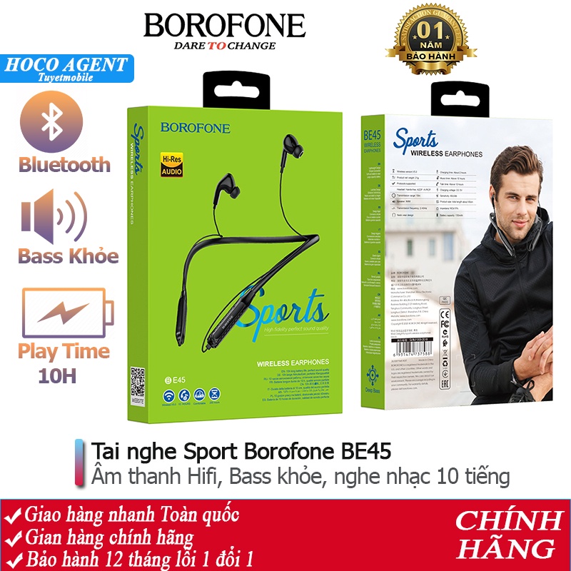 Tai nghe nhét tai Bluetooth Borofone BE45 thể thao, nghe nhạc 10 tiếng, hỗ trợ không dây V5.0 - Chính hãng