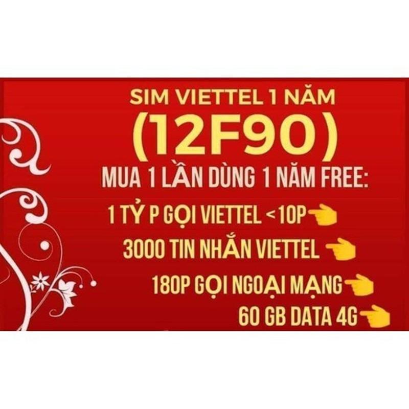 SIM nghe gọi Viettel trọn gói 1 năm, 12F90, miễn phí nghe gọi không giới hạn, 5Gb data.