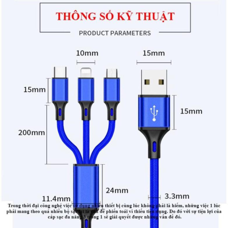 Dây cáp sạc iphone Lightning, Samsung type C, Micro Oppo, cáp sạc điện thoại 3 đầu bọc dù hỗ trợ sạc nhanh