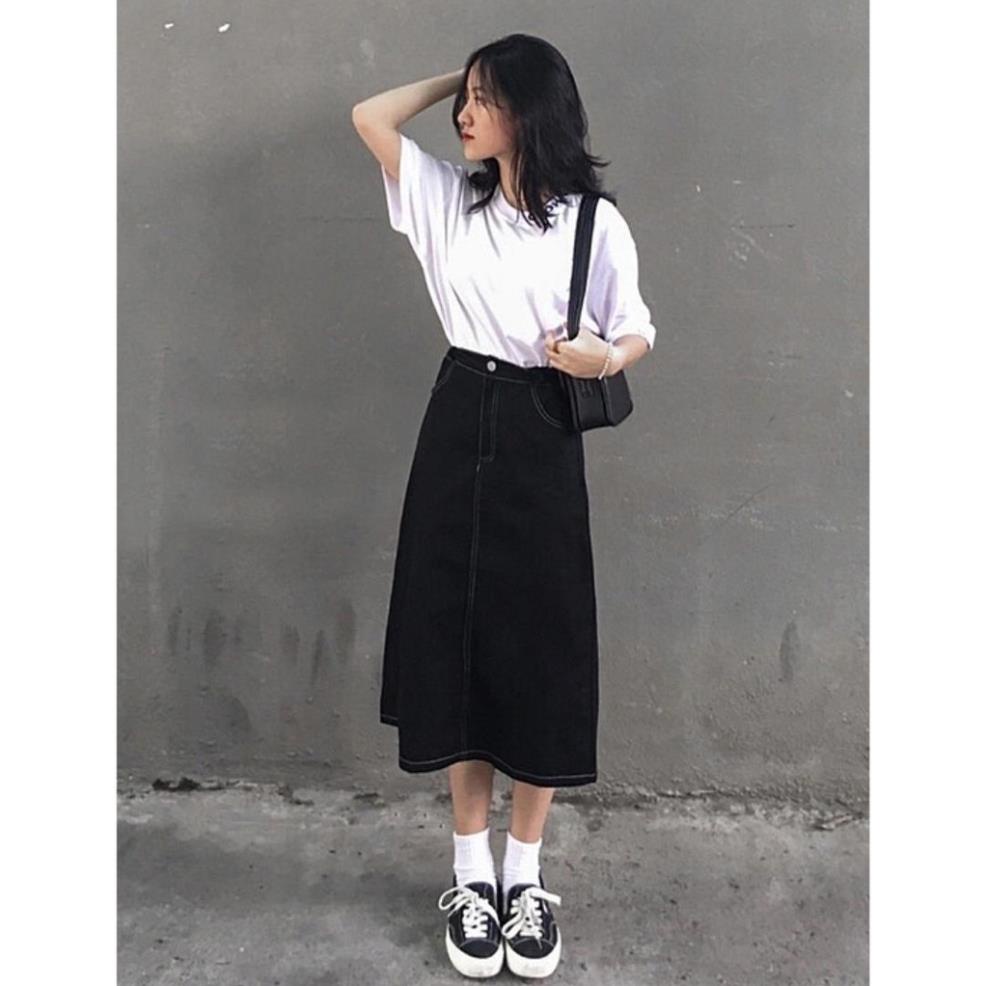 Chân váy jeans kaki ulzzang cạp chun (Có bigsize) - chân váy bò dáng midi lưng cao hàn quốc màu đen chỉ nổi KYUBI CV025