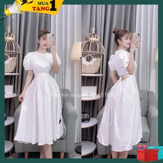 Váy đầm nữ cổ tròn tay bồng khoét eo đan dây buộc dáng dài vintage 🌰3006181🌰