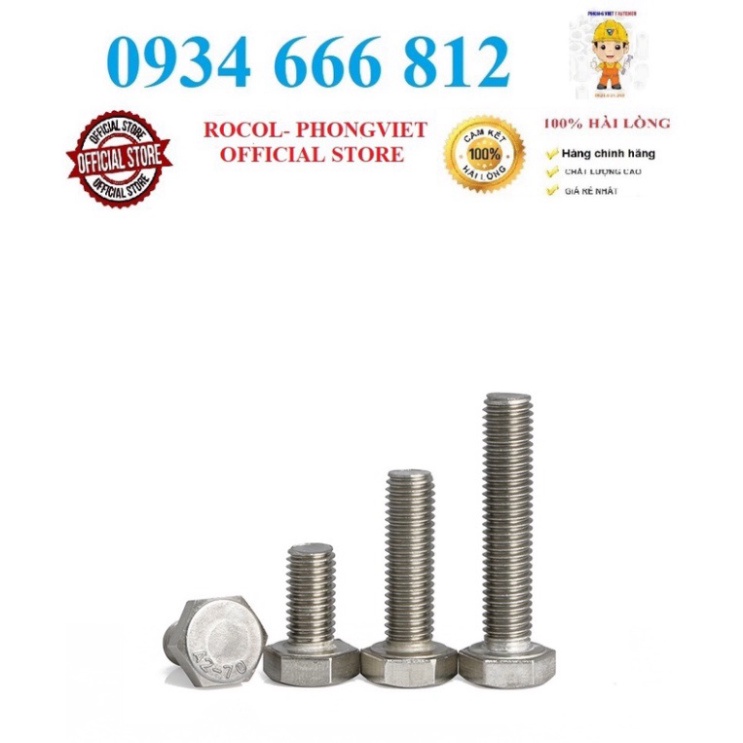 Set 10c Bulong lục giác ngoài inox 201 M10,  M10X40, M10X50, M10X60, M10X70