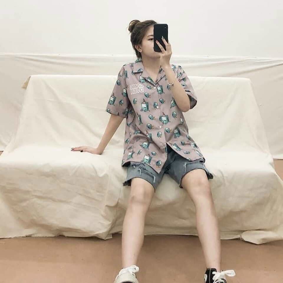 Áo sơ mi unisex chiffon tay ngắn GAMEOVER BMO in họa tiết hoạt hình