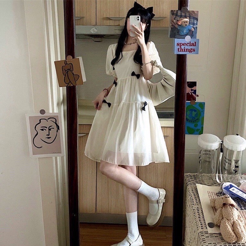 Đầm tiểu thơ xinh xắn HOT TREND Váy trắng đính nơ Váy dáng dài, cổ vuông siêu xinh cho nàng