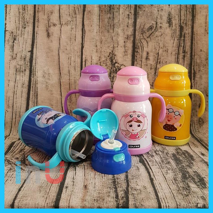 HCM - Bình giữ nhiệt hình Heo cute có tay cầm và vòi uống nước cho bé 300ml