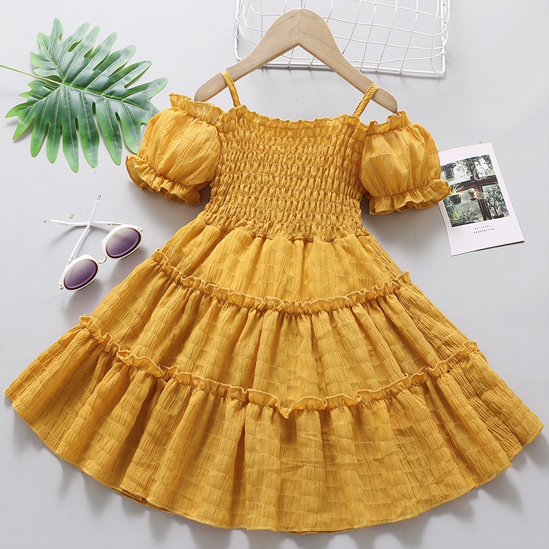 Đầm Dự Tiệc Trễ Vai Tay Phồng Màu Tím Trơn Dễ Thương Chất Lượng Cao Cho Bé Gái