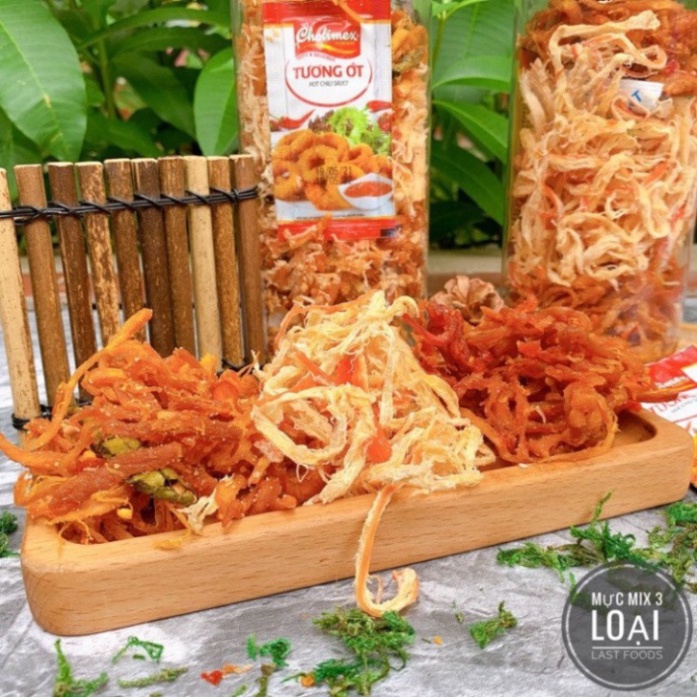 Khô mix 3 vị Mực hấp nước dừa - Mực khô bơ tỏi - Mực Sốt tomyum