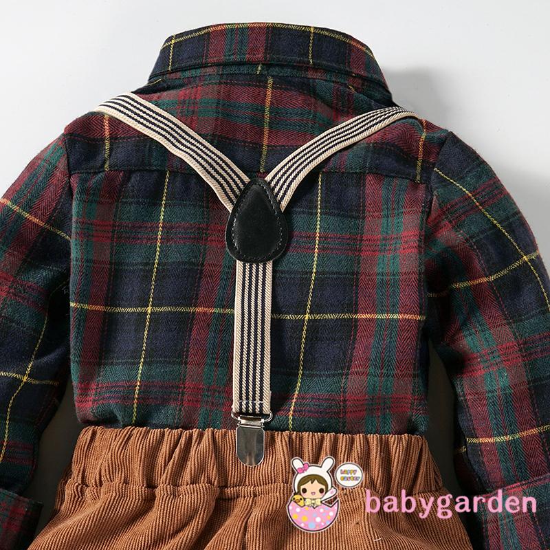 Set Áo Sơ Mi Tay Dài Sọc Caro + Quần Yếm + Băng Đô Nơ Đáng Yêu Cho Bé Trai 1-6 Tuổi