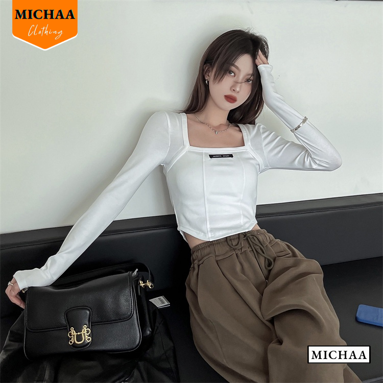 Áo Croptop Nữ Cổ Vuông Tay Dài LOGO NGỰC Ôm Body, Áo Thun Kiểu Sexy Chất Borip - MICHAA CR12