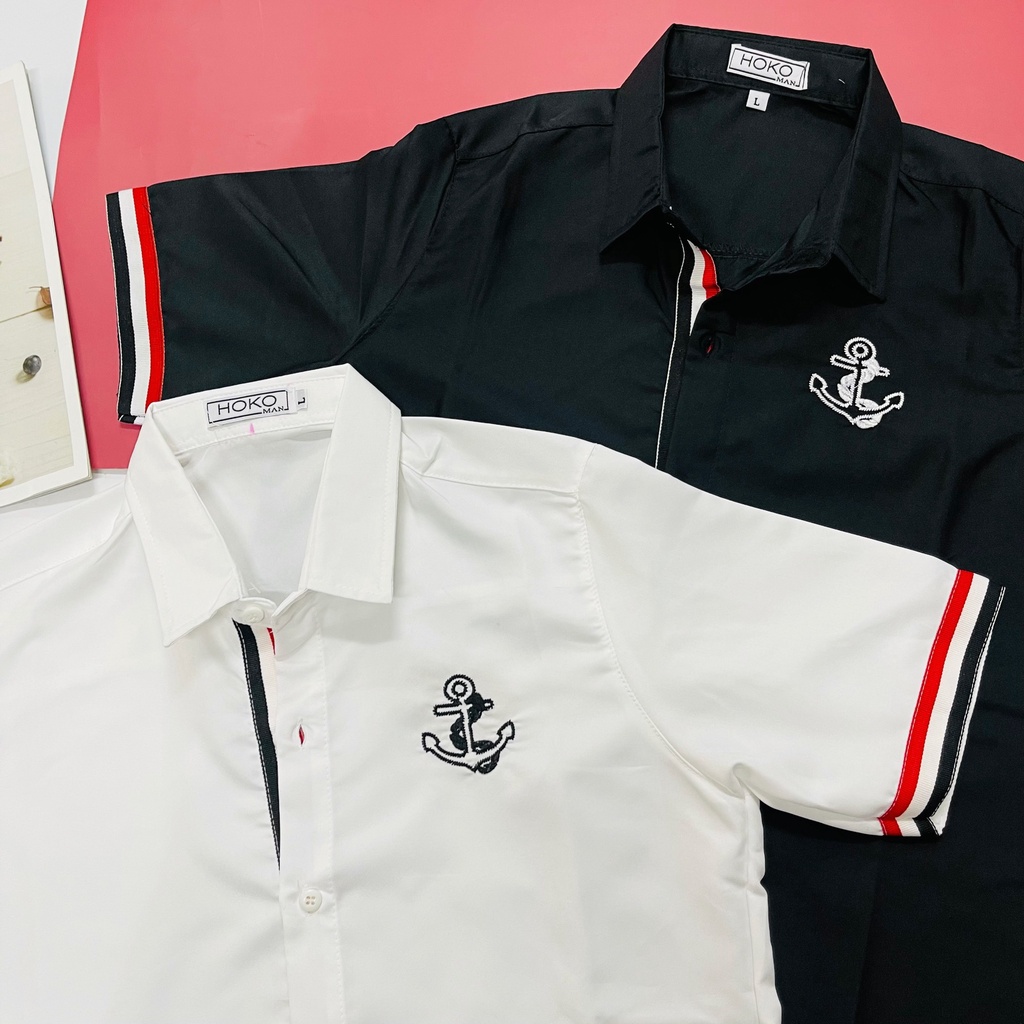 Áo Sơ Mi Nam Tay Ngắn Phối Sọc Thêu Hình Mũi Tên HÌNH THẬT, CÓ VIDEO