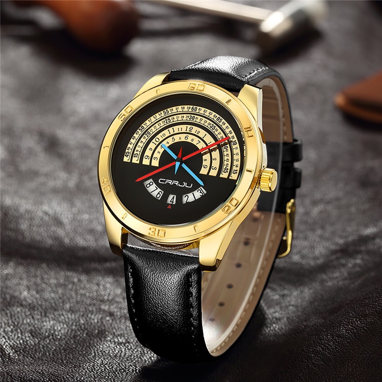 Đồng Hồ Quartz CRRJU Chống Thấm Nước Với Dây Đeo Da 2140
