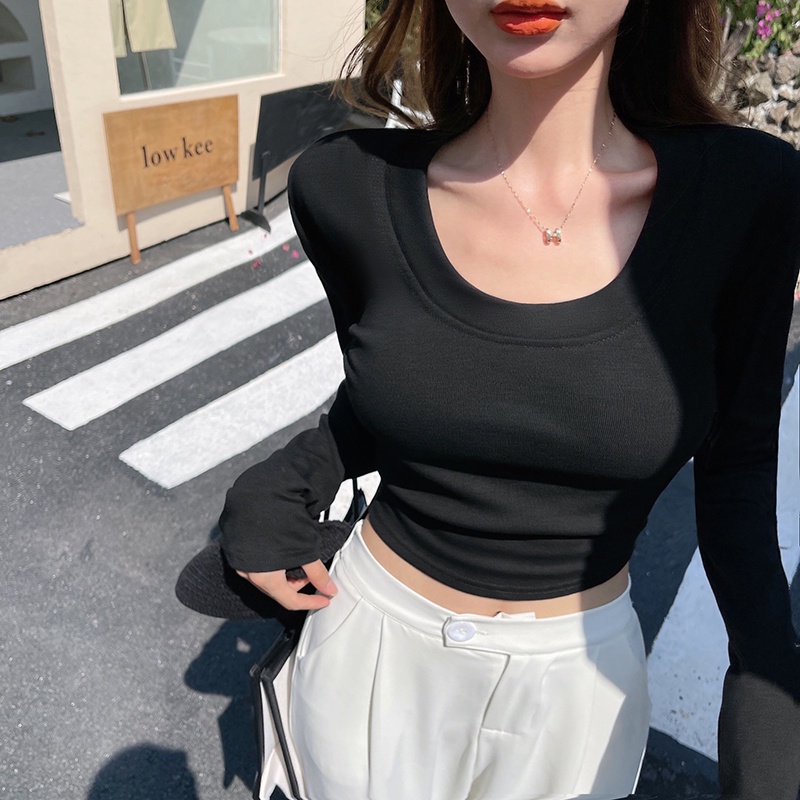 Áo Croptop Tay Dài Cổ Chữ U Màu Sắc