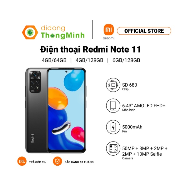 Điện thoại Xiaomi Redmi Note 11 | Pin 5000mAh | Snapdragon 680 | Sạc nhanh 33W - Hàng chính hãng