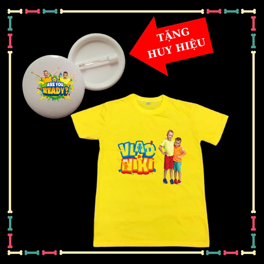 Vlad và Niki, áo thun trẻ em ngắn tay, siêu ngầu, đủ size áo từ 10kg đến 90kg, kèm huy hiệu Vlad Niki