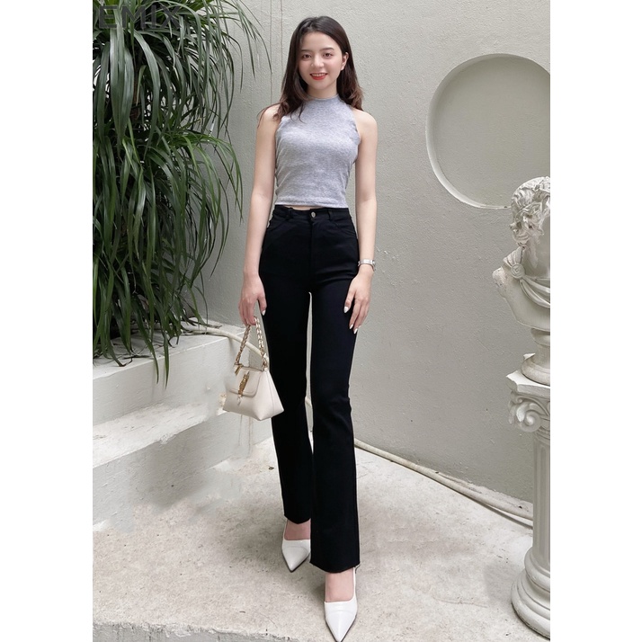 Quần jean trơn ống loe EMIX (màu đen), basic trousers, dáng dài 90cm, cạp cao, khóa giữa, ống ôm và loe, vải jeans 810