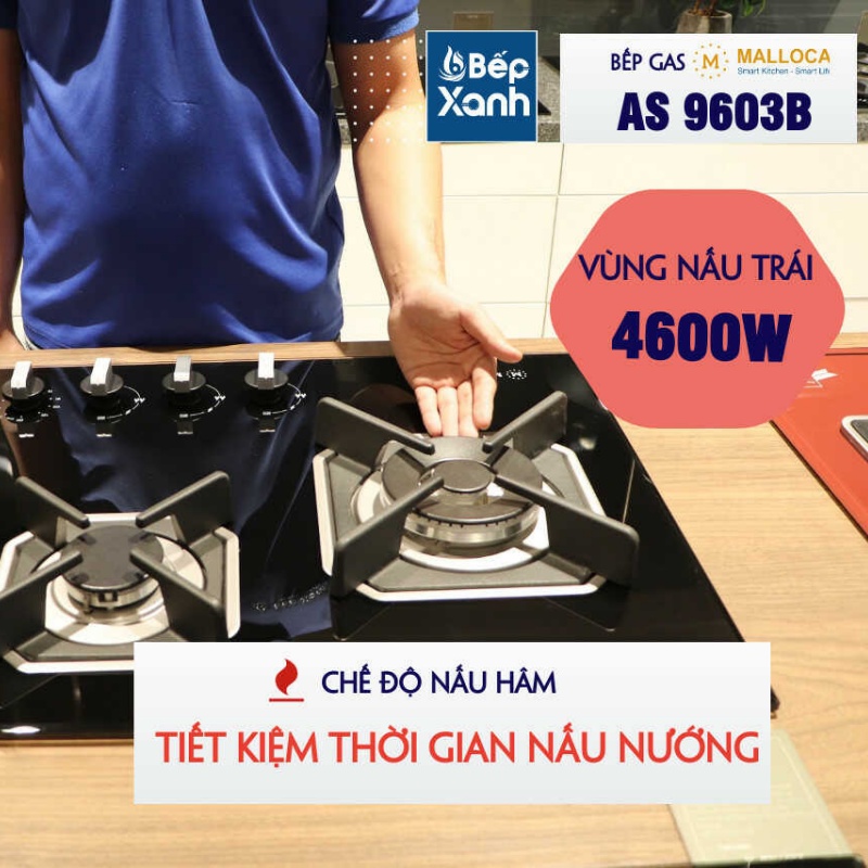 Bếp gas âm 3 gas Malloca AS 9603B - Hẹn giờ, Ngắt gas tự động