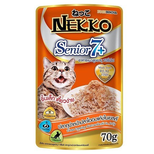 Pate Nekko cho mèo lớn tuổi vị cá ngừ topping cá khô - dạng thạch ( 70g )