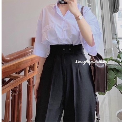 Quần tây nữ đi học lưng cao 2 cúc bấm ống đứng dáng suông đen dài Quần vải baggy nữ học sinh cấp 2 3 cạp cao co dãn nhẹ