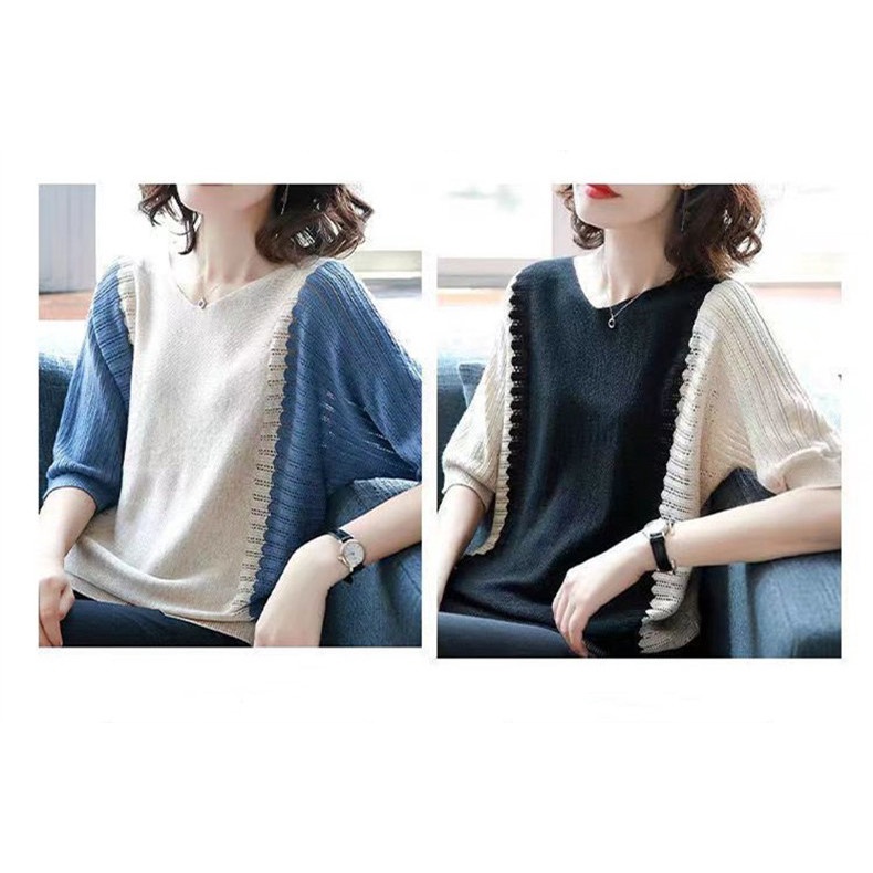 Áo len dệt kim tay lỡ mỏng trơn màu cổ chữ V Al33