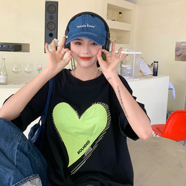 Áo Thun Tay Ngắn Cổ Tròn Form Rộng In Họa Tiết Trái Tim Phong Cách Hàn Quốc