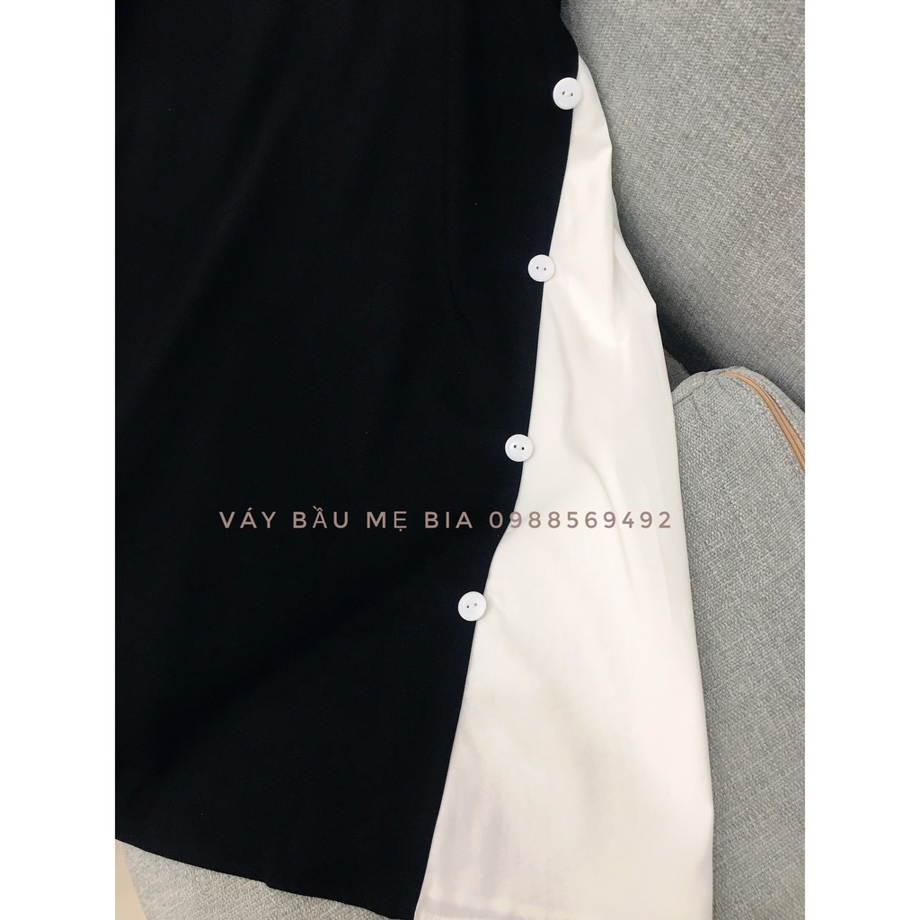 Váy bầu bigsize - Đầm bầu thiết kế GuMe màu Đen dáng suông Cúc Chéo Phối Sườn Trắng chất vải sạn lụa MB141