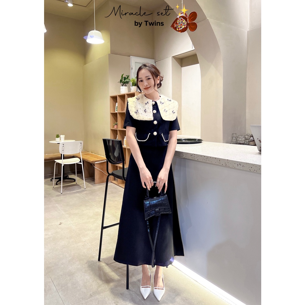 Set đồ nữ Áo cổ nơ ngọc + chân váy suông (Miracle set) by Twins MÀU ĐEN