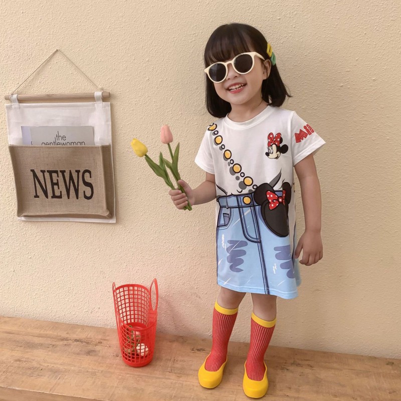 Đầm thun suông tay ngắn họa tiết hoạt hình thời trang dễ thương cho bé gái