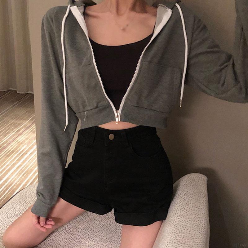 Áo khoác nữ có mũ màu trơn khóa kéo phong cách Hàn Quốc