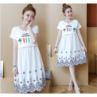 ĐẦM BẦU VÁY BẦU CÔNG  SỞ  IN CÂY DỪA ( sau sanh có dây kéo cho bé bú)