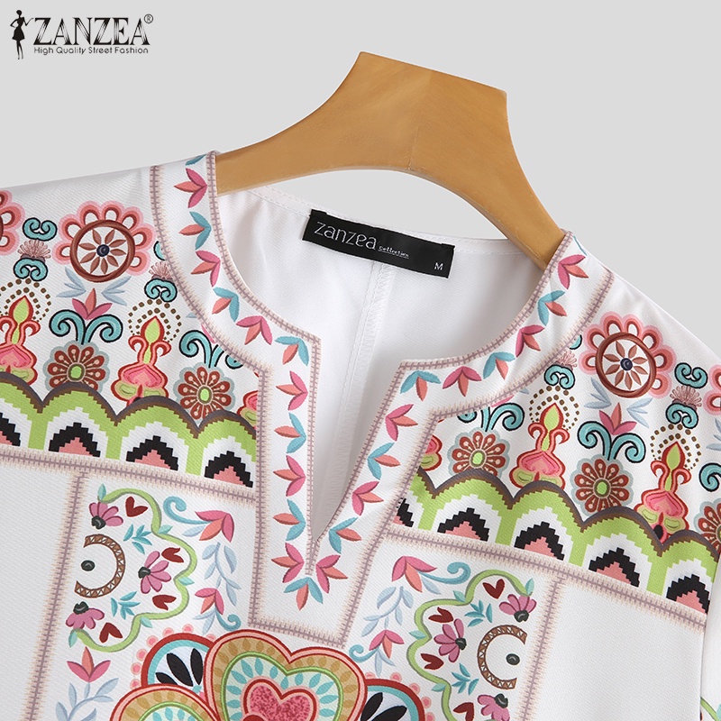 Áo kiểu Zanzea tay ngắn cổ chữ v in họa tiết phong cách vintage thời trang thanh lịch cho nữ