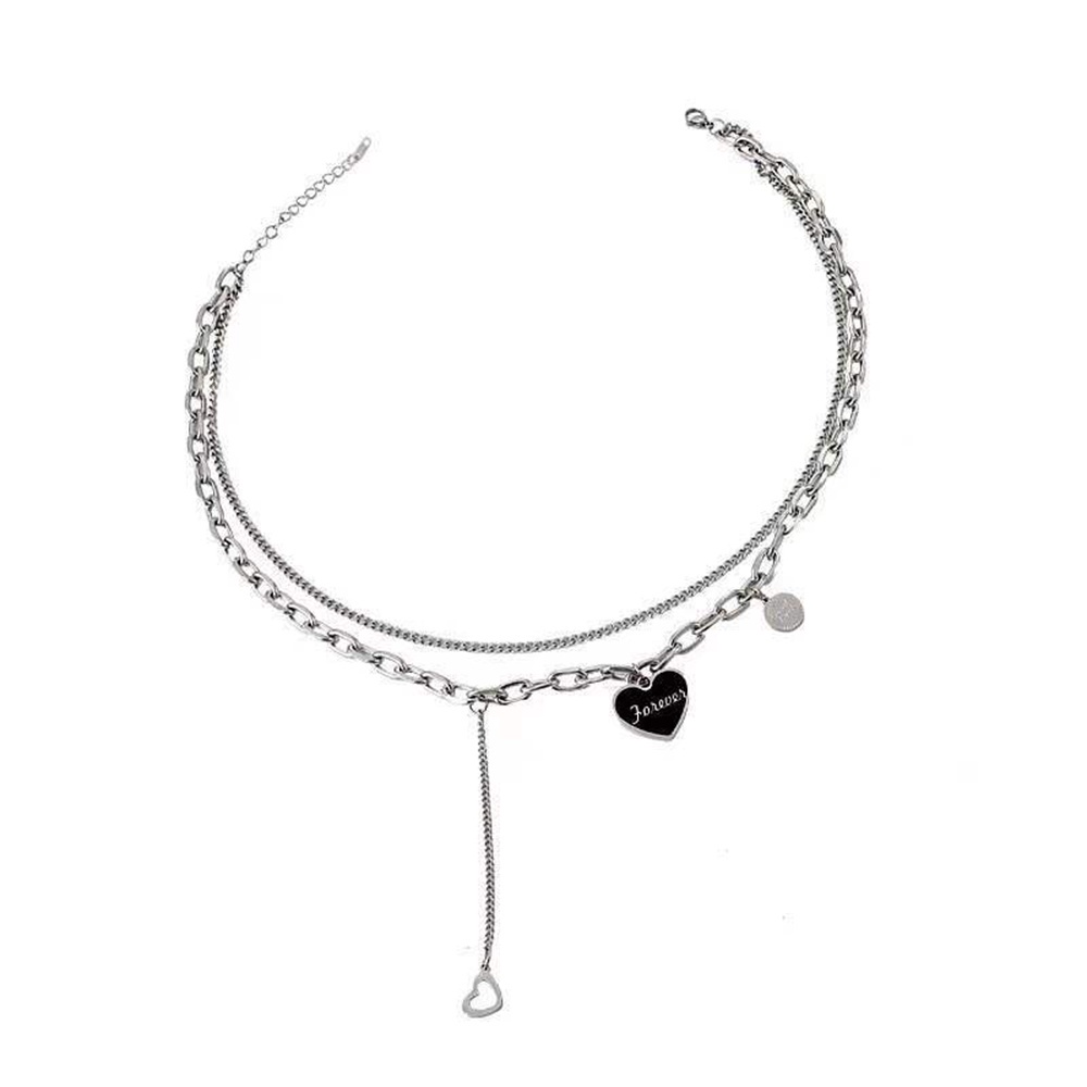 Vòng cổ Hai Lớp Hình Trái Tim Màu Đen Phong Cách Hip Hop Hàn Quốc Thời Trang