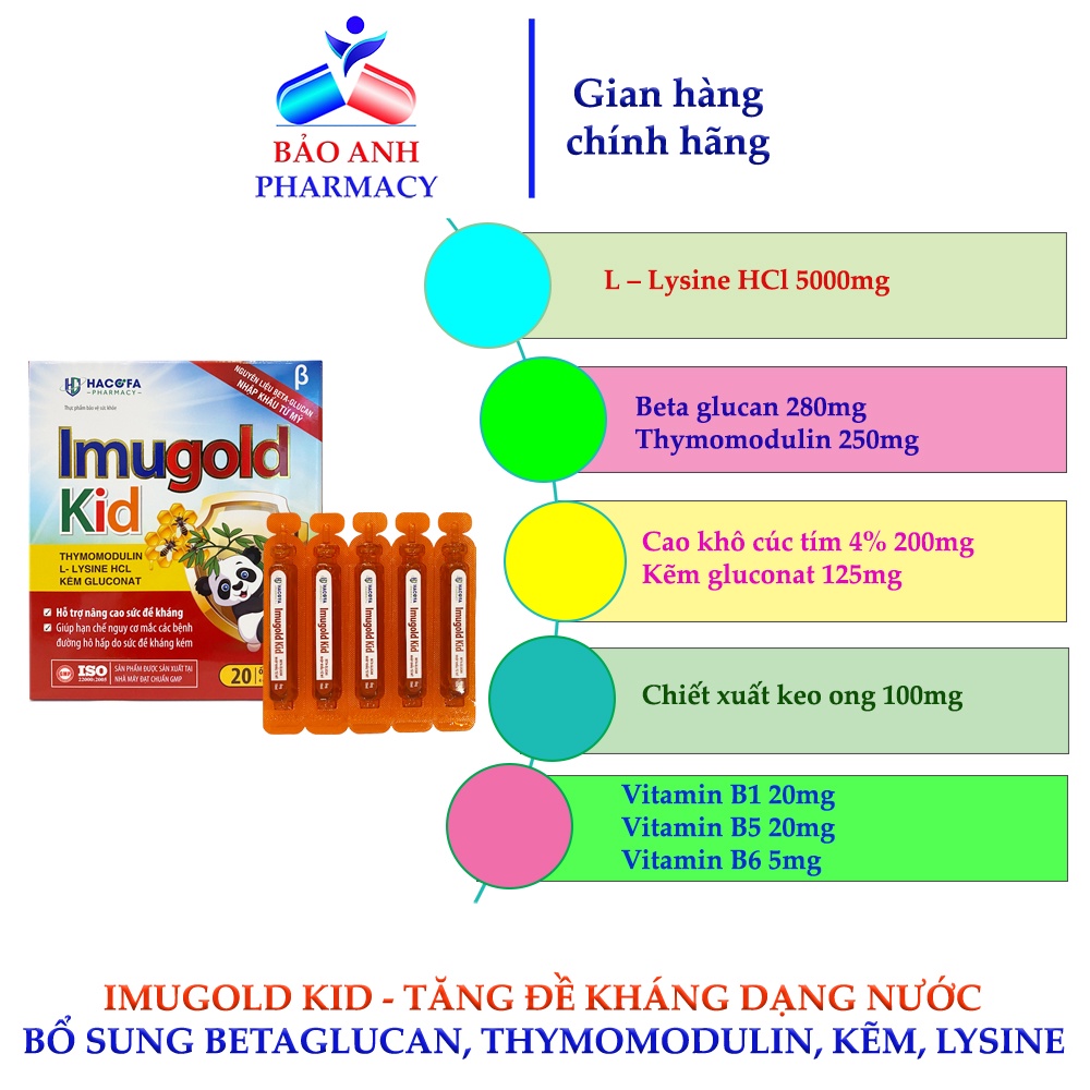 Tăng đề kháng cho bé – IMUGOLD KID Betagulcan nhập khẩu từ Mỹ, nâng cao đề kháng cho trẻ, giảm ốm vặt – Hộp 20 ống