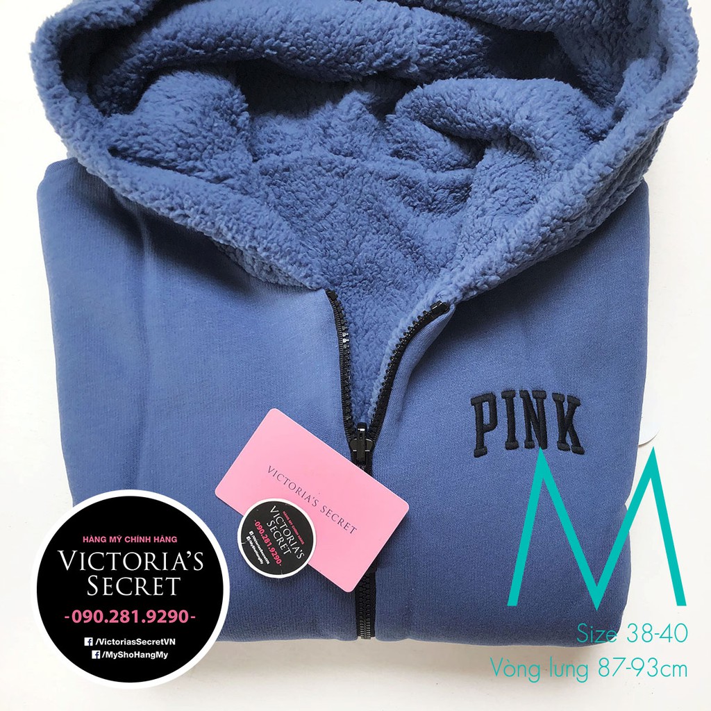(Áo khoác M) Áo lông cừu, xanh dương có nón, mặc được 2 mặt, kiểu áo rộng - Victoria's Secret USA