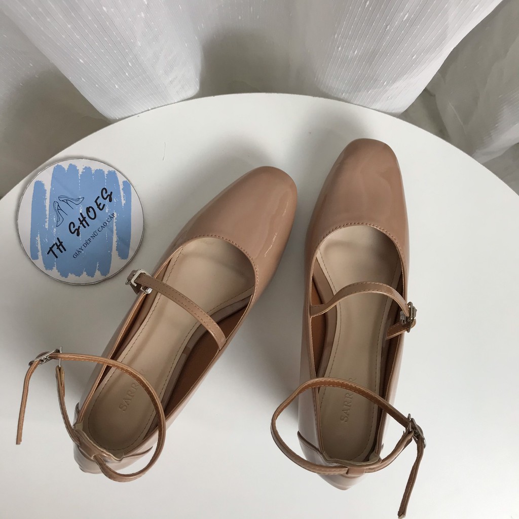 Sandal cao gót 2 dây da bóng màu đen, trắng, nude đậm TH shoes gót 5 cm