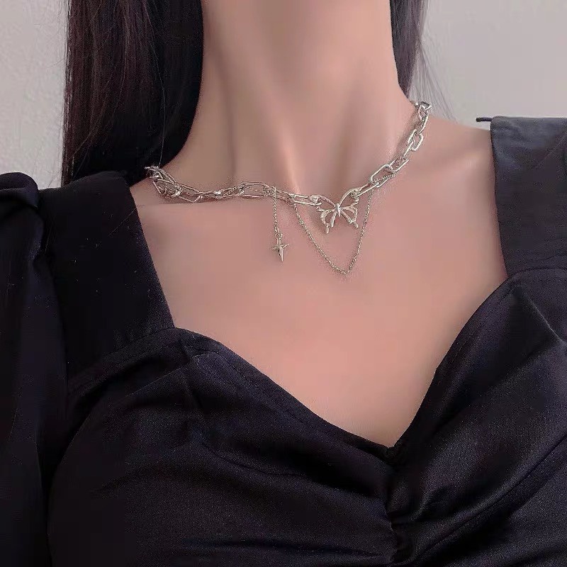 Dây chuyền Choker 2 tầng chuỗi xích dẹt vintage Phụ kiện đơn giản dành cho bạn nữ