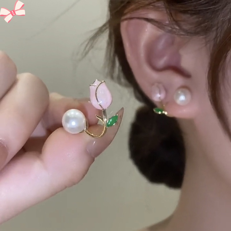Khuyên Tai Hình Hoa tulip Đính Ngọc Trai Màu Hồng Thời Trang Mùa Hè Cá Tính