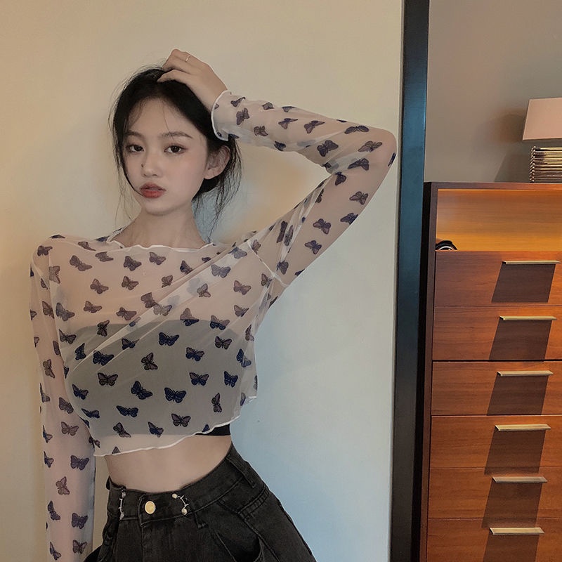 Áo Thun Croptop Tay Dài Phối Lưới Thời Trang Mùa Hè Cho Nữ