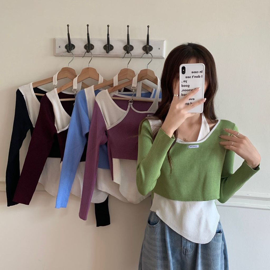 Áo Thun Dài Tay Giả Hai Lớp Phong Cách Hàn Quốc Thời Trang Mùa Thu Mới Cho Nữ