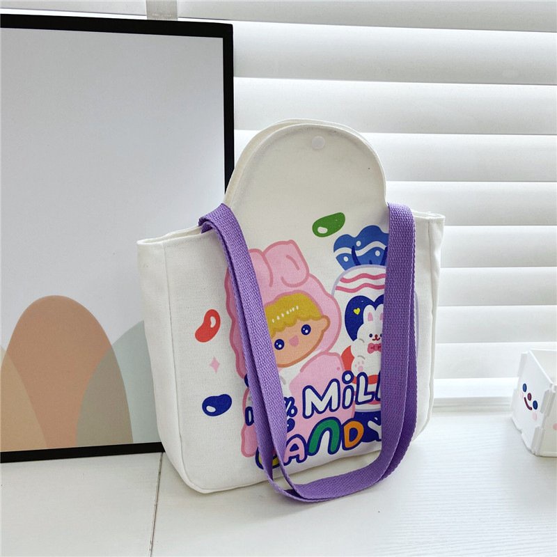 Túi xách nữ hoạt hình dễ thương túi tote trắng hình thỏ dây tím mùa hè đeo vai cỡ lớn vải Canvas bền đẹp