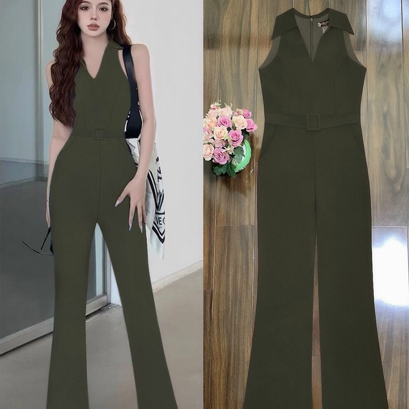 Jumpsuit dài ống loe cổ sơ mi dây kéo lưng kèm belt xinh xắn J1172 | BigBuy360 - bigbuy360.vn